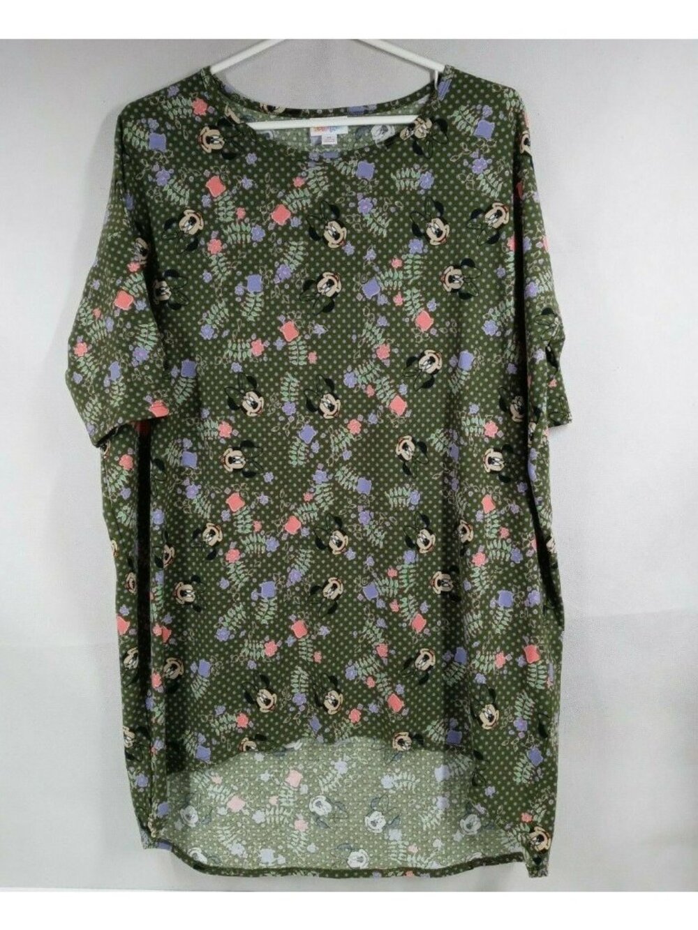 NWT Lularoe Disney Irma Tunic Green With Colorful Floral & Minnie Mouse Design M